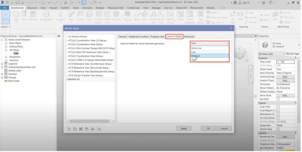 Configuration to control the level of detail ifc from revit