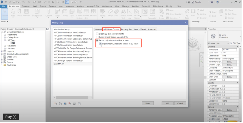 Configure the additional content tab ifc from revit