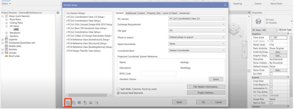 setup export ifc from revit