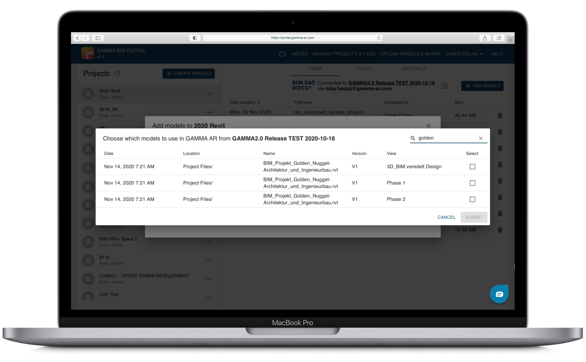 Interface of GAMMA BIM PORTAL of construction app GAMMA AR